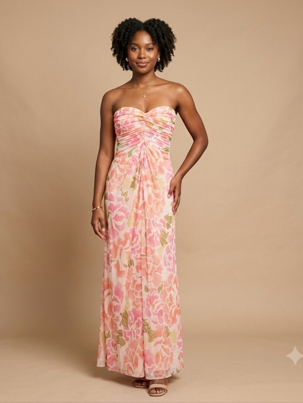 Tadashi Vintage Pink Floral Mesh Strapless Ruched Maxi Gown Dress - UK Size L .